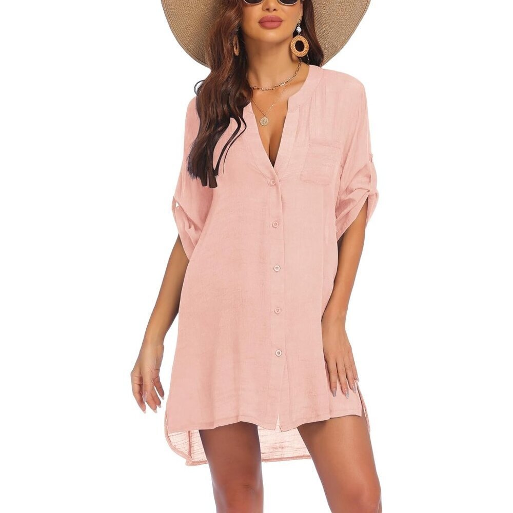 Women Light Pink 100% Polyester V-Neck Button Down Bathing Swimsuit Beach Shirt